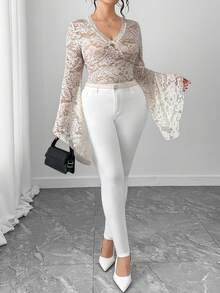 Elenzga 大码女式性感蕾丝拼接不对称下摆短袖露脐T恤 - 杏色 - 查看 6