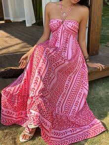 Sunnyshic 女士粉色吊带系带连衣裙，时尚优雅浪漫波西米亚风，适合海滩度假，春夏穿着 - 粉色 - 查看 7