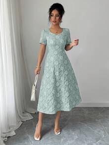 Elenzga 蓝色3D立体压纹面料方领短袖A字连衣裙 - 薄荷綠 - 查看 5