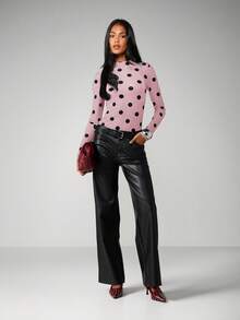 MISSGUIDED Polka Dot Mock Neck Long Sleeve Fitted Top With Allover Black Dots Ribbed Texture Mesh Knit Pullover Sweater Fall Winter Layer - Pink - View 3