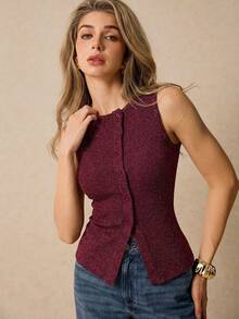 Poéselle Camiseta de tirantes con botones y lentejuelas en la parte delantera, de verano - Burdeos - Ver 6