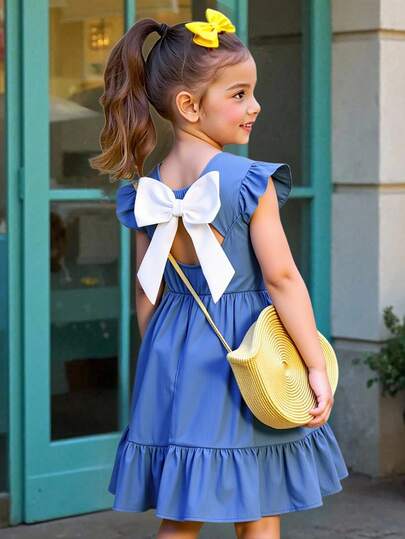 Elladie kids Tween Girls Casual Mid Length Dress With Butterfly Bow Design On The Back For Added Fashion Sense, Suitable For Outdoor And Vacation Wear