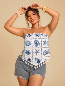 Travachic Áo croptop cỡ lớn dành cho nữ, màu xanh dương và trắng, họa tiết vỏ sò biển, kiểu áo quây phối tua rua, phong cách nhiệt đới, thích hợp cho kỳ nghỉ biển, đi chơi hoặc dạo phố. - Xanh và trắng - Xem 4