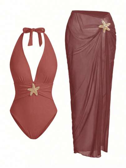 Swim Oasis Sunner Vacation Elegant Romantic Starfish Decor One-Piece Swimsuit Premium Set