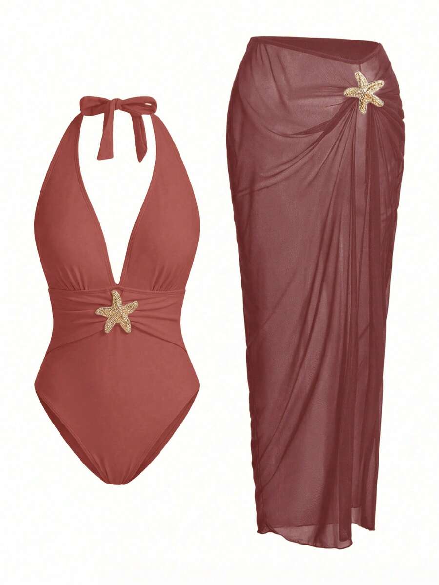 Swim Oasis Bộ đồ bơi liền thân cao cấp Sunner Vacation Elegant Romantic Starfish Decor - Rỉ Nâu - Xem 1