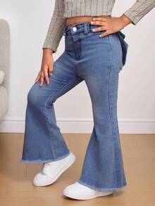 SHEIN Pantalones acampanados de mezclilla azul con cintura elástica y decoración de moño para niña - Azul lavado medio - Ver 8