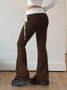Coolane Pantalones acampanados de mujer con cordón lateral negro vintage Y2K, versátiles para uso urbano - Café integral - Ver 2