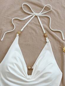 Soleia 女士性感波西米亚度假风露背系带吊带上衣和撞色锯齿印花迷你裙套装 - 彩色 - 查看 3