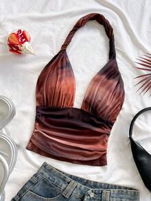 Soleia Áo nữ kiểu dáng cổ yếm, chất liệu móc len, in họa tiết nhuộm tie-dye cổ điển, thích hợp cho kỳ nghỉ xuân/hè. - Cà phê nâu - Xem 1