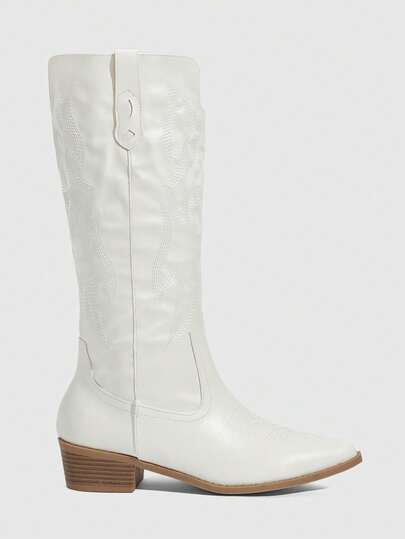 Daringsoles Botas occidentales casuales y sexys para mujer, con puntera puntiaguda, tacón grueso, estilo festival, de cuero y PU, bordadas a mano, botas blancas