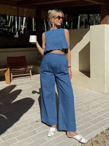 SHEIN 2pcs Maternity Casual Denim Cropped Tank Top And Jeans Set, Summer - Blue - View 2