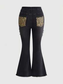ROMWE Grunge Punk Jeans acampanados de talla grande para mujer con estampado de leopardo en parches y dobladillo deshilachado - Multicolor - Ver 2