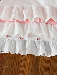 SHEIN 3件套女婴甜美针织提花花卉图案吊带背心和荷叶边短裤套装，适合度假和日常休闲穿着 - 粉色 - 查看 7