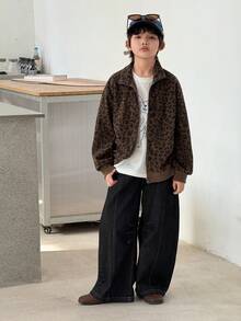 Dazy Kids 男童休闲宽松豹纹翻领外套，秋季款 - 棕色 - 查看 5