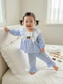 Baby Girls' Fashion Blue & White Patch Elegant Lace Cute Cherry Print Puff Sleeve Long Sleeve Top Paired With Ruffle Hem Pants 2 Piece Pajama Set 2pcs Set Toddler Girls Cute Toddler Sets Baby Clothes Girl Flounce Sleeve Checkered Baby Clothes - Blue and White - View 3