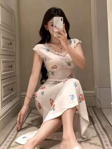 DAZY White Ditsy Floral V-Neck Ruffle Trim Waist Cinched Long Women Nightgown - White - View 5