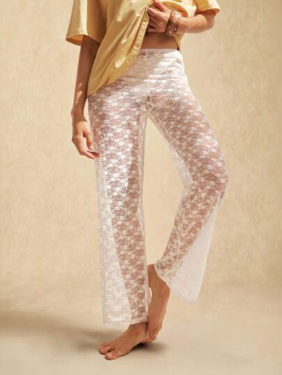 Easelle White Lace Knit See-Through Women's Pants Vintage Summer Holiday Outfits Beach Pants Vacation Outfits Women