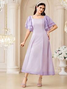 Modelyn Đầm midi tay bồng màu trơn thanh lịch dành cho nữ, thích hợp cho các buổi tiệc và họp mặt. - Màu tím - Xem 5