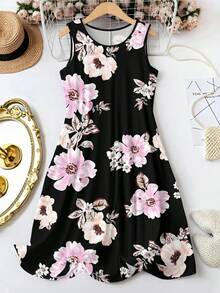 EMERY ROSE 大码粉色碎花圆领无袖吊带连衣裙，休闲A字裙，适合度假、海滩和日常穿着，夏季女装 - 彩色 - 查看 1