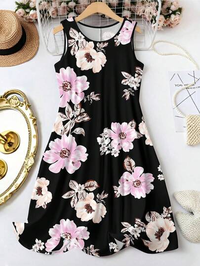 EMERY ROSE 大码粉色碎花圆领无袖吊带连衣裙，休闲A字裙，适合度假、海滩和日常穿着，夏季女装