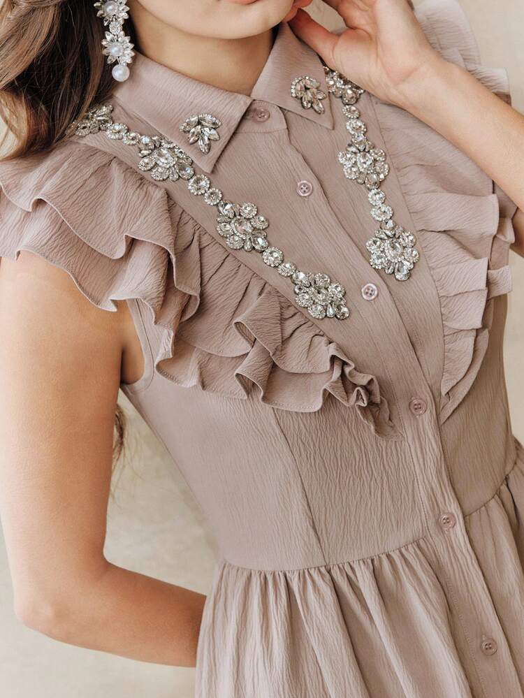 Women's Sleeveless Ruffled Rhinestone Embellished Long Shirt Dress, Spring/Summer
