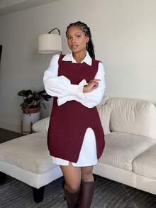 Tyla Gomez 2pcs Set Women Spring Lantern Sleeve White Blouse & Loose Drape Open Front Sweater Vest, Layering Outfit Fall Winter Cloth For Women - Burgundy - View 4