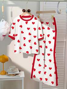 Tween Girls Cute Multicolor Heart Print Tee And Pants Co-Ord Set With Contrast Piping Drop Shoulder Short Sleeve Round Neck Regular Fit - Multicolor - View 2