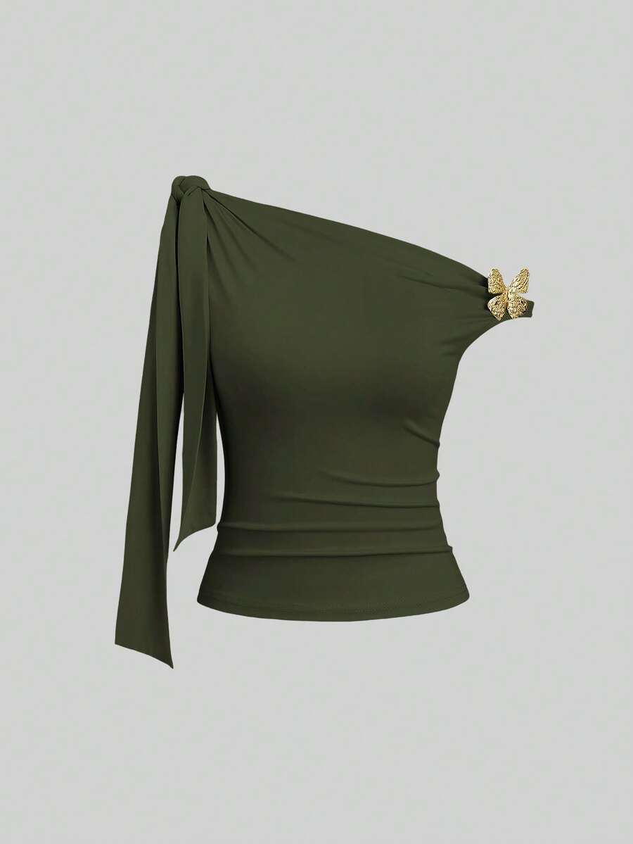Sweetra Women's Metallic Butterfly Decor Tie Front Ruched Shoulder Top - Army Green - View 1