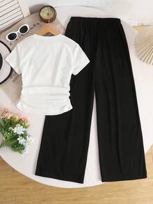 SHEIN Tween Girls' Fitted Casual Round Neck Short Sleeve T-Shirt And Pants Set - Multicolor - View 2