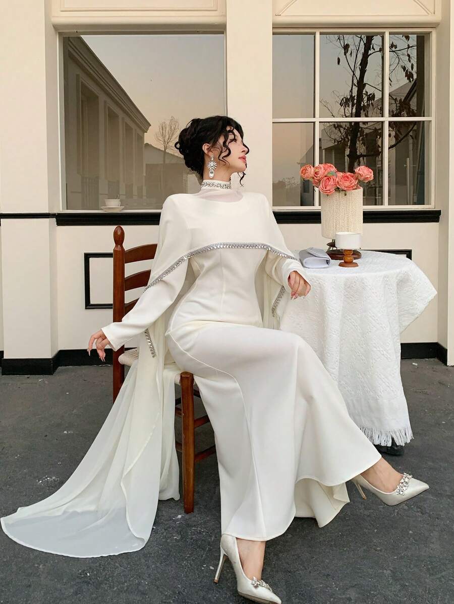 DAZY Women's Elegant Long Dress With Beaded Shawl Collar Design - Ivory White - View 1