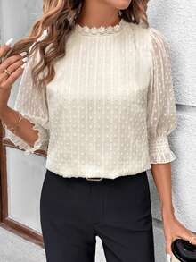 SHEIN Clasi Women's Elegant Apricot Cutout Textured Fabric Collar Splice Ruffle Trim Fitted Blouse, Summer - Apricot - View 1