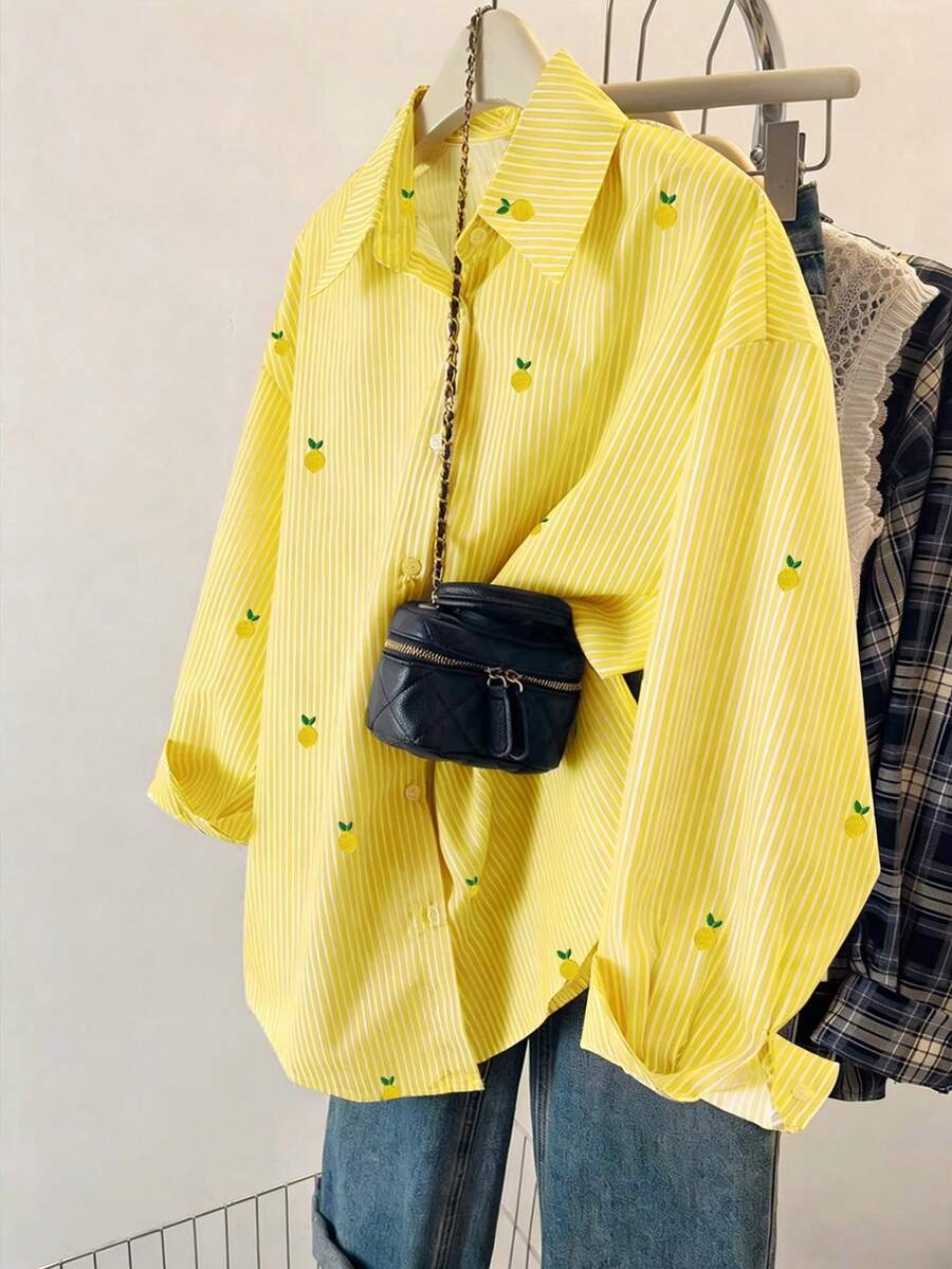 Resyla Women's Top,Lemon Stripe Full Print Pattern, Fresh And Light Design, Ins Style Shirt,Women Blouses Loose Long-Sleeved Casual Two-Wear Women's Shirt, Best Friend And Girlfriend Gift, Funny Gift Shirt, New Autumn And Winter Women's Top,Autumn/Winter Graduation,Back To School Outfits,Graduation,Teacher Outfits For Women,Back To School Pullover Fall Outfit,New Year Gifts, Christmas Gifts - Multicolor - View 1