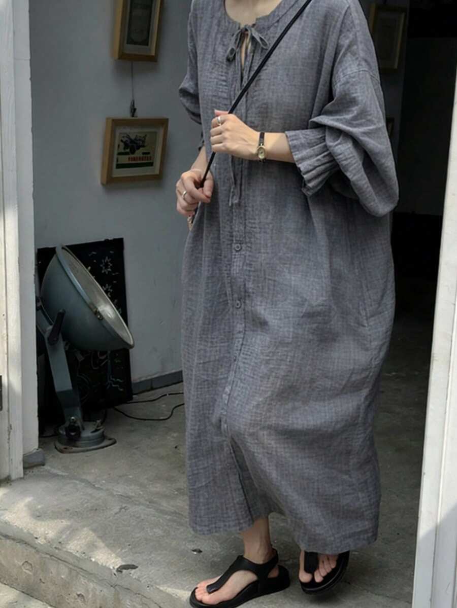 FRIFUL 女士纯色系带领单排扣休闲宽松日常约会外出长裙 - 藏蓝色 - 查看 1