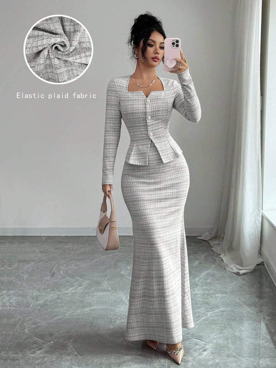 Elenzga 两件套女士优雅通勤格子弹力上衣和鱼尾裙套装 - 黑與白 - 查看 1