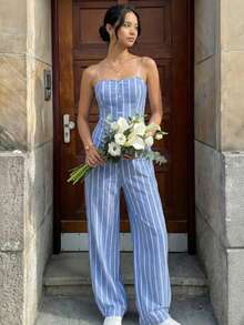 Reset Phase 2pcs/Set Teen Girl Striped Tube Top Cardigan Top And Elastic Waist Wide Leg Pants Casual Outfit, Spring/Summer - Blue and White - View 9