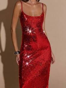 SHEIN BAE Đầm ôm sát không tay màu nâu cà phê mùa thu, đính sequin, thích hợp cho các bữa tiệc, sự kiện, tiệc chiêu đãi, tiệc cocktail và những buổi tối đi chơi. - Đỏ - Xem 3