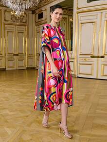 LOTSLUV 女士情人节时尚彩色爱心抽象印花宽松不对称下摆印花连衣裙 - 彩色 - 查看 3