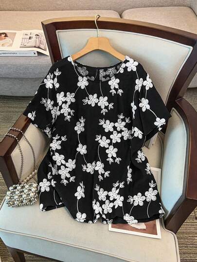 GlowEve CURVE 大码圆领短袖休闲印花衬衫，适合夏季日常穿着