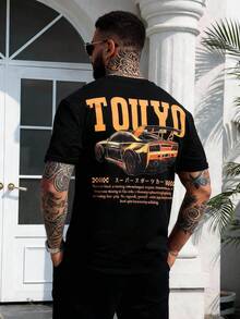 HIMLAND 男士日常通勤学院街头风复古赛车印花T恤 - 黑色 - 查看 3