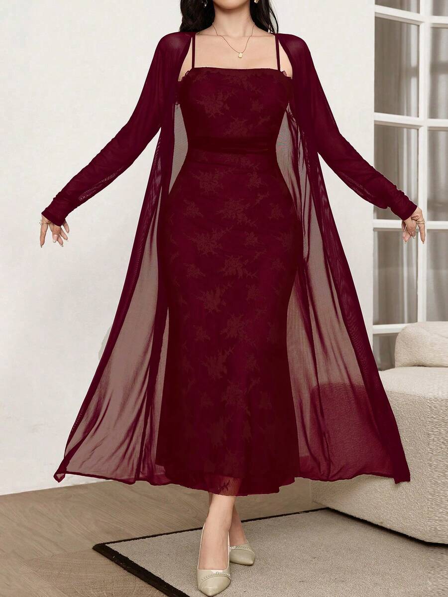 Modelyn Bộ 2 món gồm áo khoác lưới dài tay màu trơn và váy hai dây đuôi cá cho nữ, thích hợp cho mùa thu. - Màu Đỏ Sâu - Xem 1