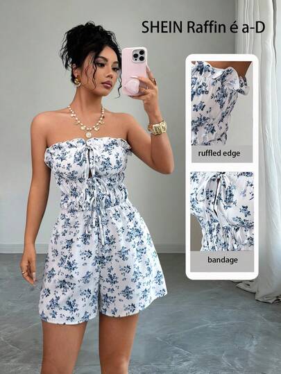 Rafferiza Macacao Feminino Spring/Summer New Arrival Women's Blue And White Floral Jumpsuit With Drawstring Detail At The Bust And Elasticated Waist. Perfect For Vacation.