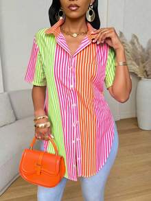 Xyvia 夏季休闲撞色条纹拼接弧形下摆衬衫 - 彩色 - 查看 3