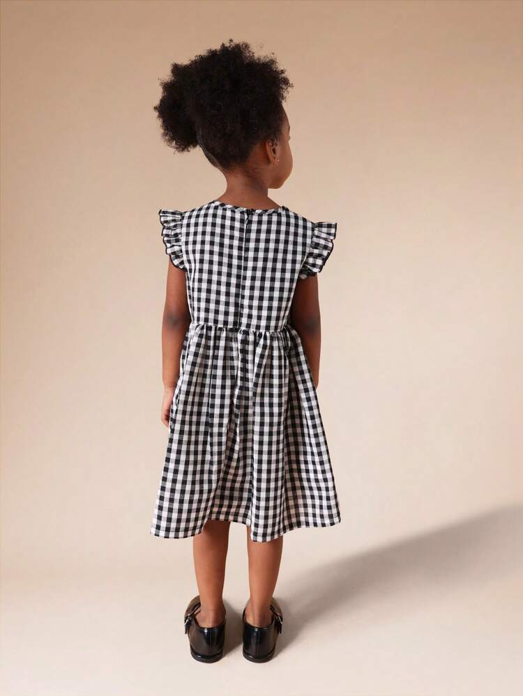 Flutter Sleeve Gingham Bow Dress With Ruffles