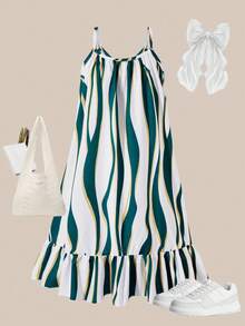 SHEIN ChillGrl 女童不对称波浪条纹印花无袖连衣裙，舒适休闲宽松 A 字拼接荷叶边下摆连衣裙，适合春夏日常休闲穿着 - 彩色 - 查看 5