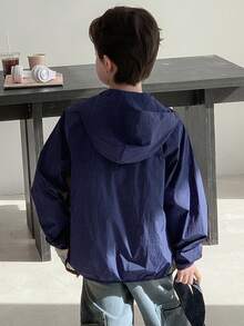 DAZY Tween Boy Letter Graphic Contrast Color Zipper Front Casual Hoodie Jacket - Navy Blue - View 7