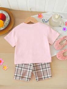 SHEIN 女婴休闲圆领短袖T恤和打底裤两件套，可爱粉色小熊印花，时尚甜美 - 彩色 - 查看 2