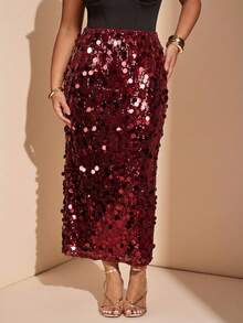 SHEIN BAE Falda con abertura y bajo con lentejuelas de unicolor para mujer de talla grande, de moda para fiestas - Burdeos - Ver 3