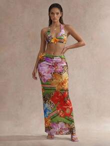 Swim Glamine Women's Summer Vacation Beach Floral Print Halter Bikini Set - Multicolor - View 4