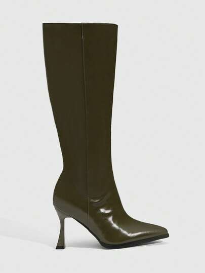 Daringsoles Women's Pointed Toe Side Zipper Autumn/Winter Boots, Sexy Stiletto High Heel, PU Patent Green Party/Banquet Mid-Calf Boots