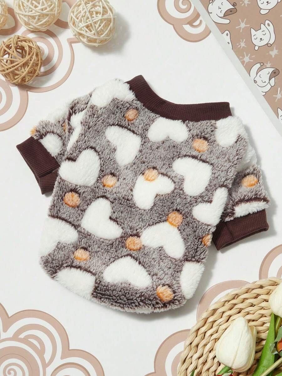 PETSIN 1件宠物法兰绒黑白爱心印花保暖圆领衫，适合狗狗穿着 - 彩色 - 查看 1